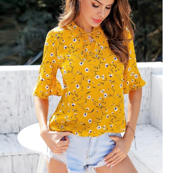 Shein Tops - Ditsy Floral Frill Tie Neck Blouse